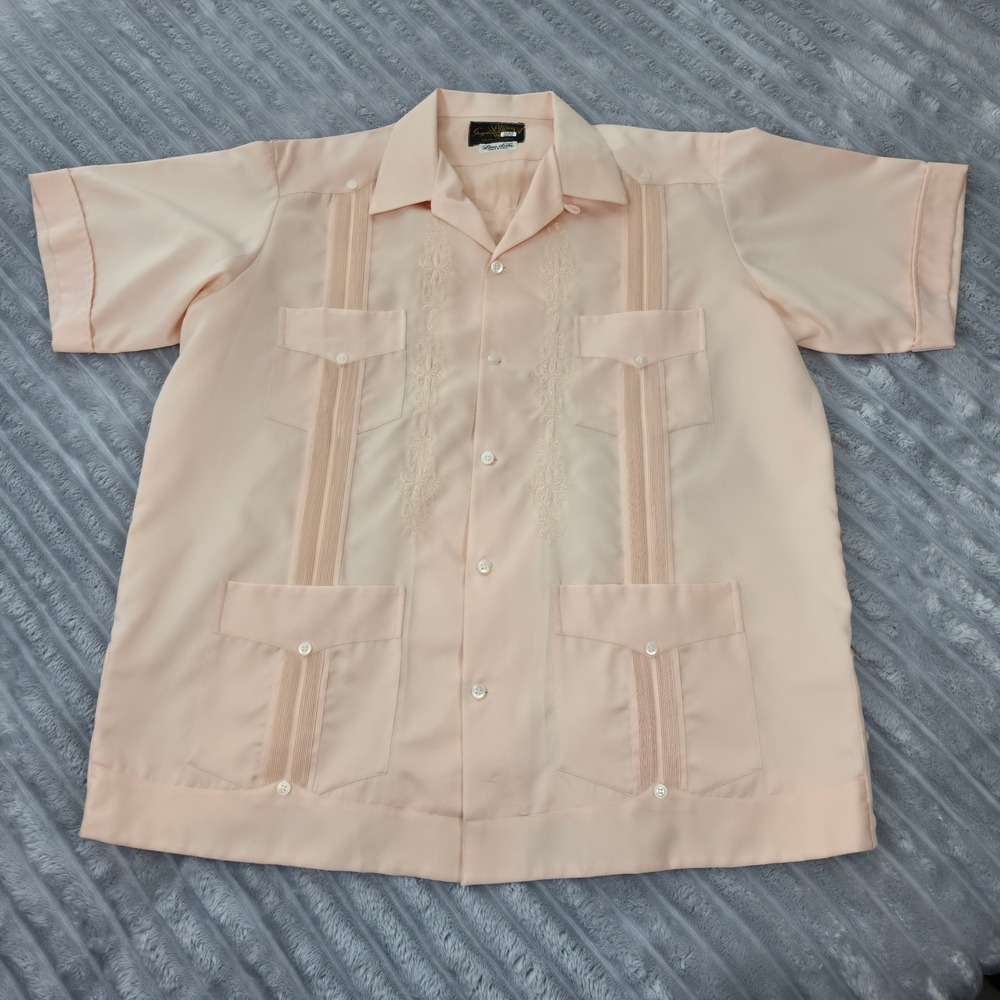Vintage Guayaberas Yucatecas Peach Guayabera Shirt Mens 44 Embroidered Mexico